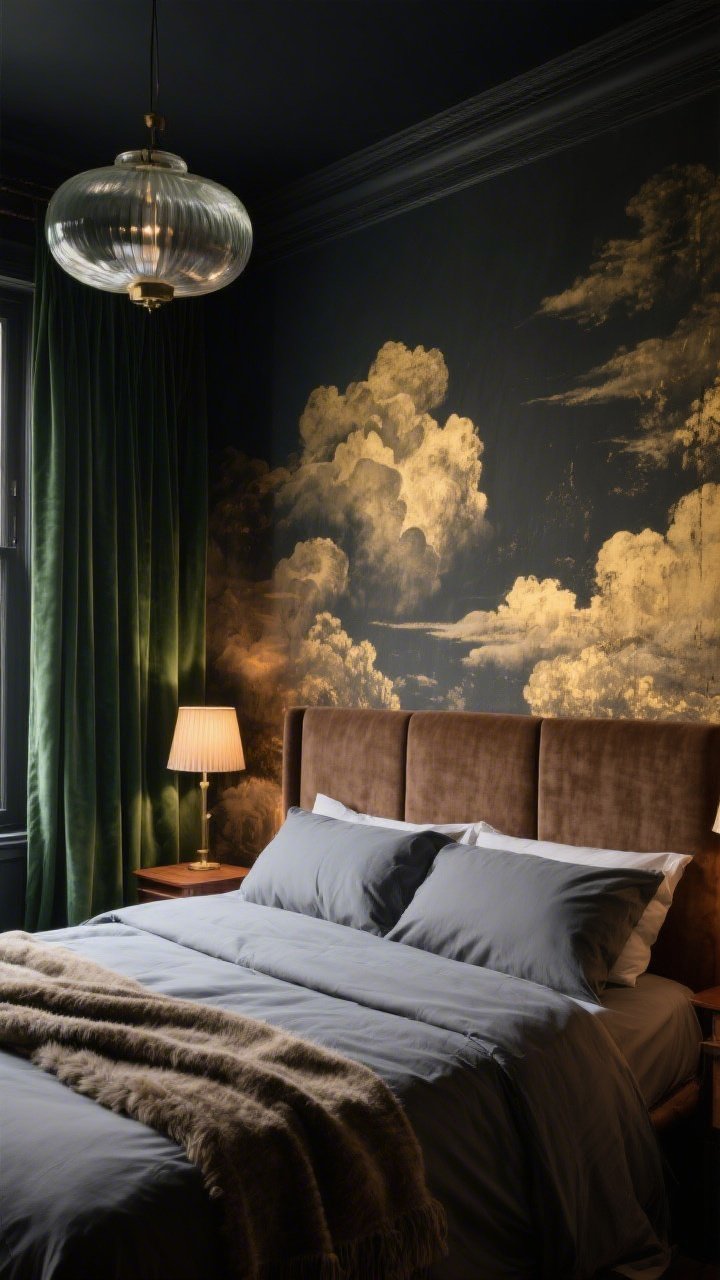 Medium shot from a corner angle: A moody bedroom with an aged gold mural behind the bed—smoky gold clouds fading into deep charcoal like antique wallpaper. A walnut bed with an upholstered linen headboard is dressed in slate bedding with a subtle sheen; crisp percale sheets peek beneath with a mohair throw layered on top. Long velvet drapes in deep forest green frame the scene. Pleated linen bedside lamps glow warmly; a diffused glass pendant hangs overhead. Palette: charcoal, forest green, walnut, aged gold. Quiet, romantic, cocooned mood, no people.