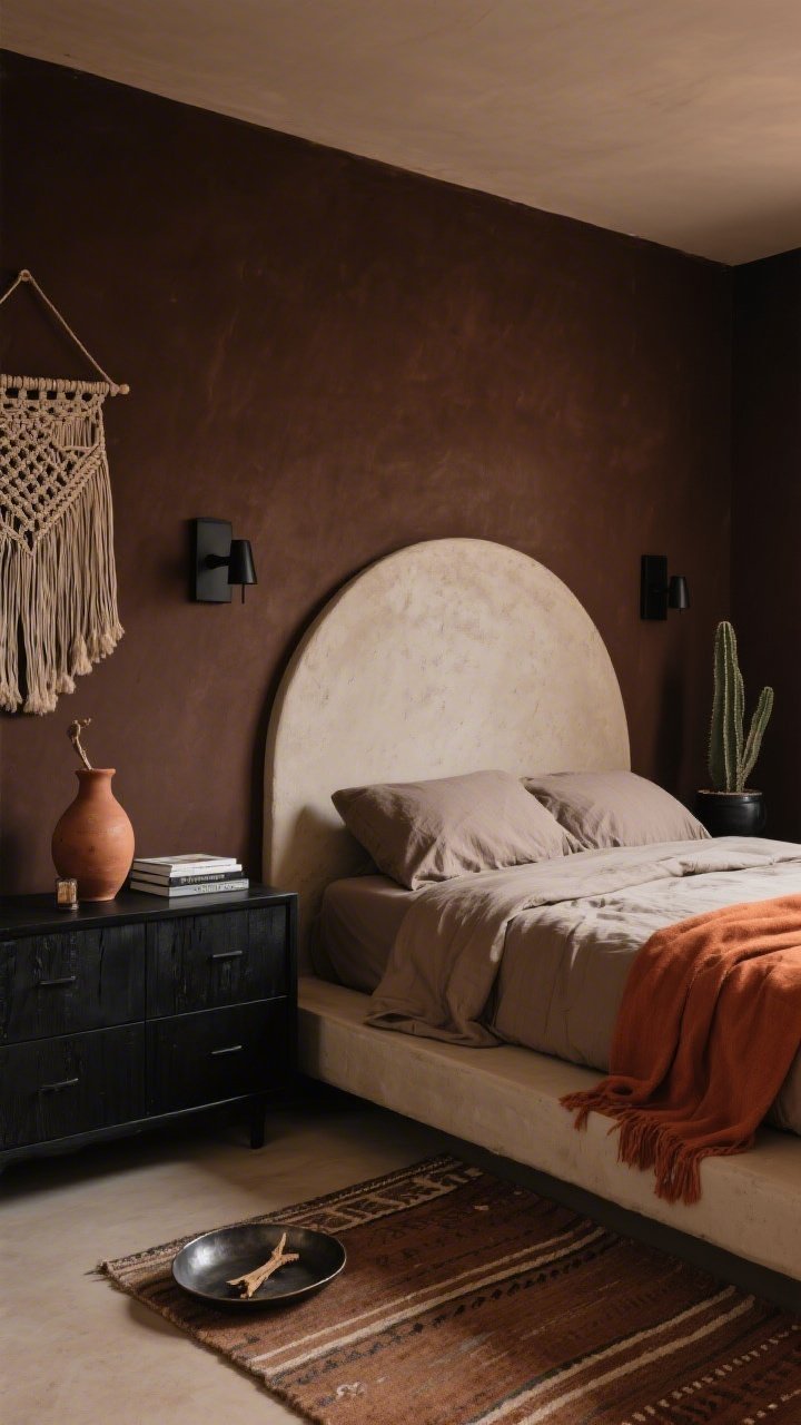 Medium shot from a corner angle: A moody desert boho bedroom with deep cocoa-brown walls, a simple arched plaster headboard, and a bed draped in sandy taupe bedding with a terracotta throw at the foot. A low platform bed sits atop an earthy flatweave rug with subtle tribal stripes. Keep metals minimal: matte black wall sconces flanking the headboard and a matte hammered metal tray on a blackened-wood dresser holding palo santo, a ceramic vase, and a tiny stack of art books. Add a clay vessel, a cactus in a black pot, and a woven wall hanging. Palette: cocoa, clay, sand, matte black. Soft dusk lighting.