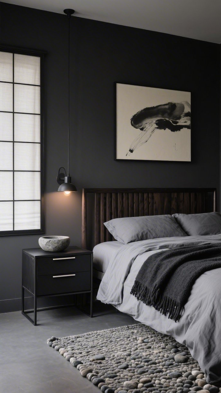 Medium shot from a corner angle: A moody Japandi bedroom in monochrome tones—charcoal, soft gray, blackened oak. A bed with a deep espresso-stained slatted wood headboard, graphite duvet, light gray percale sheets, and a neatly folded black throw. Black steel-framed side table and a low-profile dresser with thin horizontal pulls; a minimal clothing rail nearby. Lighting from a single matte black sconce with a warm-dim bulb, no overhead glare. Textural elements: pebble-weave wool rug, nubby throw, shoji-inspired soft window shades. Include one large cream-and-coal ink wash print and a river stone bowl on the dresser. Calm, sleek, photorealistic.