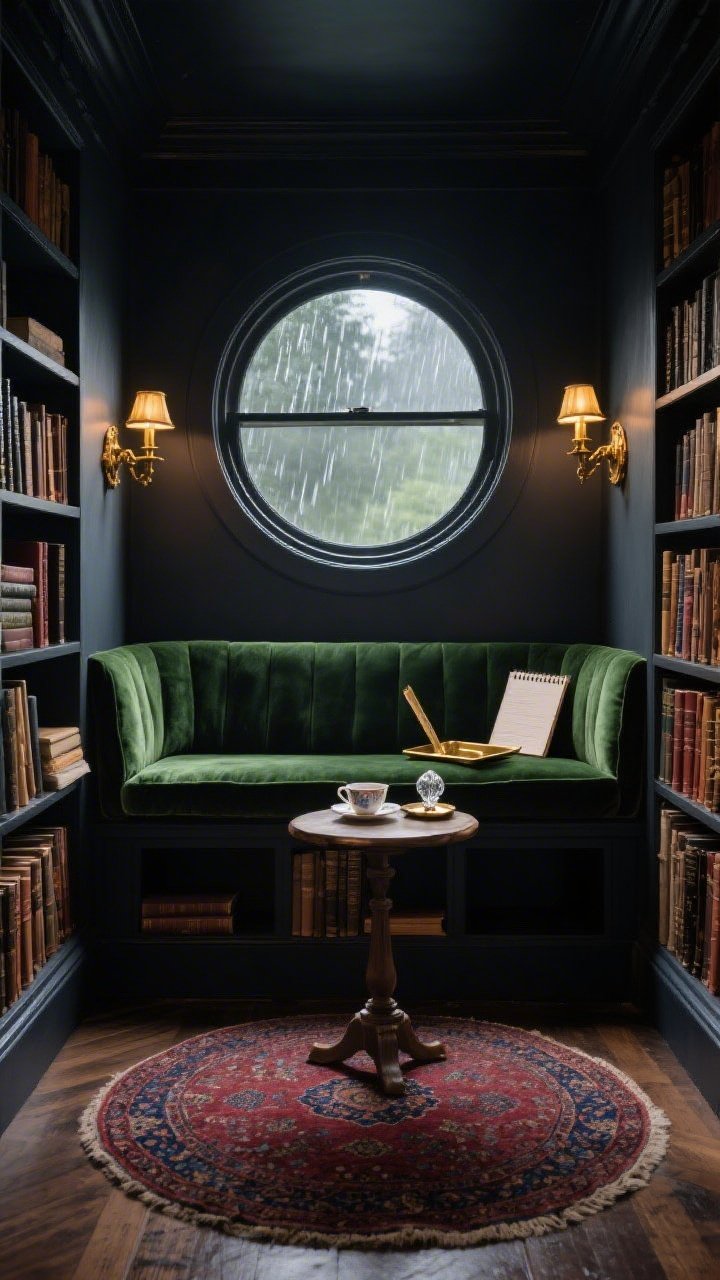 Medium shot from a corner angle: A moody library nook with deep charcoal walls and built-in shelves flanking a grand circular window like an observatory lens. The window seat cushion is lush forest-green velvet. Antique-style brass sconces on either side cast a golden glow across spines arranged by tone. On the floor, a round Persian-style rug in garnet and indigo adds richness. A small pedestal table holds a teacup and a notepad. Include a brass bookmark tray and crystal paperweight on the bench, leather-bound books mixed with rough linen dust jackets, and hint at hidden cubbies beneath the seat. Rainy-day ambiance, warm and intimate.