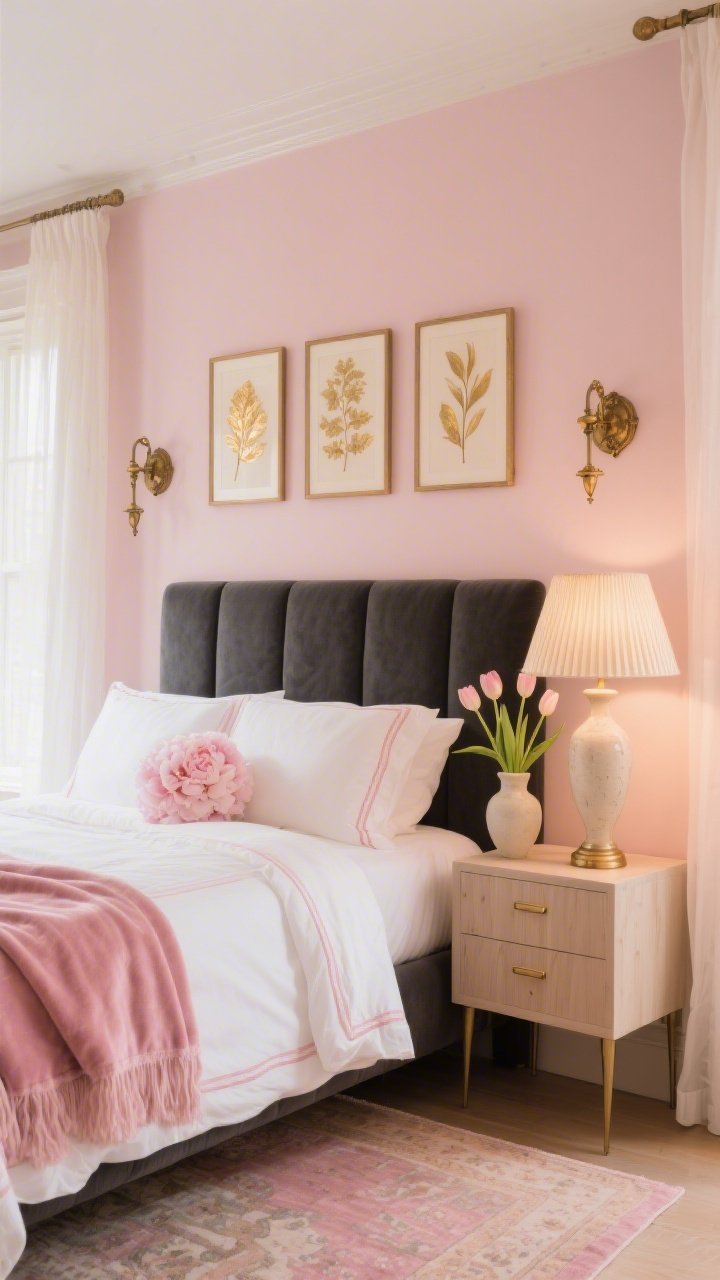 Medium shot from a corner angle: A romantic, grown-up blush-and-peony bedroom. Delicate blush walls with warm undertones; matte charcoal upholstered headboard against the wall. Antique brass sconces flank the bed; on the nightstand, a creamy pleated lampshade glows softly. Crisp white bedding with piped blush edging and a peony-pink velvet throw at the foot. Pale wood nightstands with slim brass pulls, low-pile Persian rug in faded pinks and soft taupes. Sheer ivory linen curtains soften the light. Trio of gold-leaf botanical prints above the headboard; a single ceramic vase with fresh tulips. Warm, morning-glow ambiance, photorealistic.