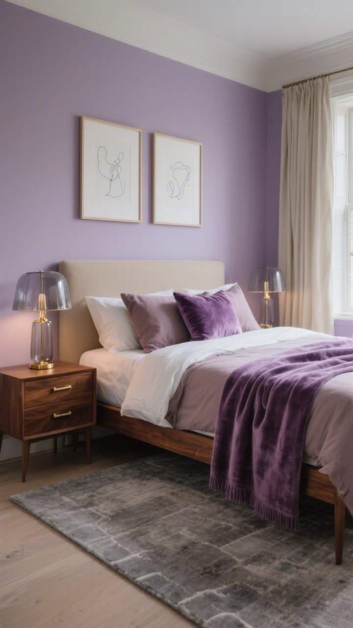 Medium shot from a corner angle: A sophisticated bedroom vignette with dusty lavender walls, mushroom-toned bedding on a low-profile walnut bed frame; a stone-gray rug underfoot and creamy drapes framing the window; smoked glass table lamps casting a gentle evening glow, brushed brass pulls on a slim walnut dresser; a satin-lilac throw draped across the bed, velvet accent pillows, cotton-linen sheets peeking at the edges; minimal line drawings in soft graphite frames above the headboard; mood is hushed, romantic, and grounded, photorealistic.