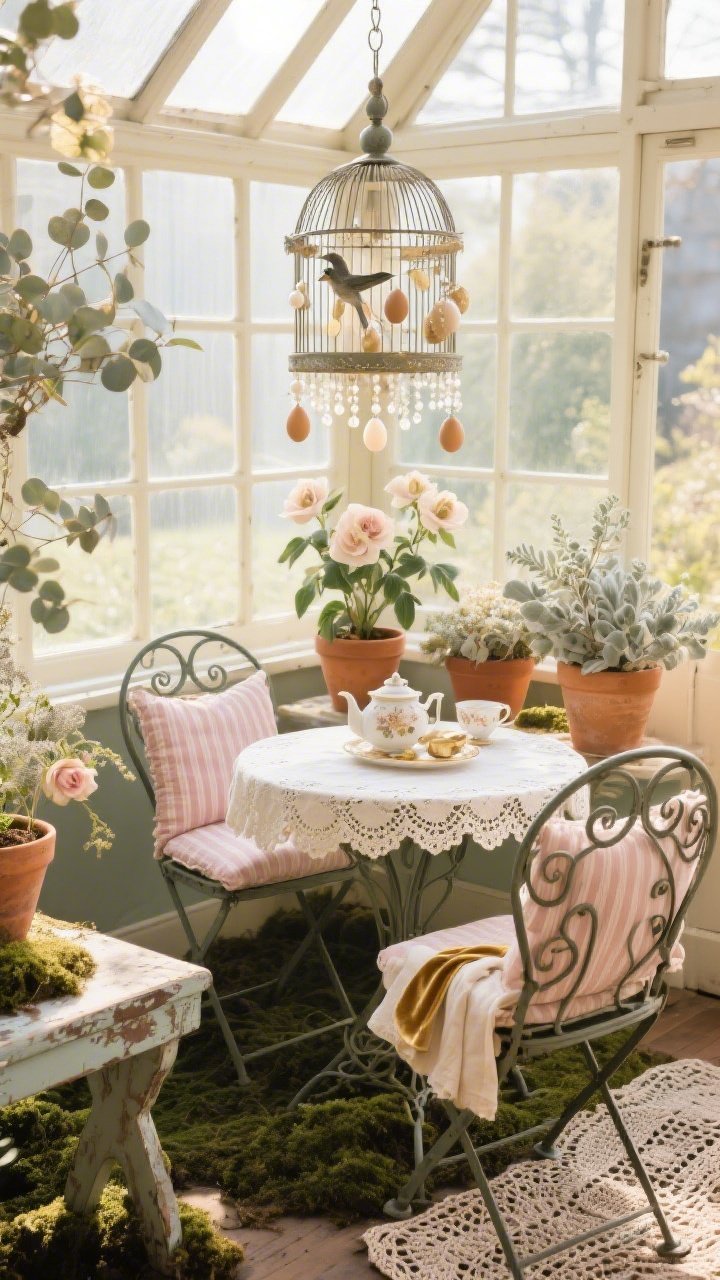 Medium shot from a corner angle: A sunlit conservatory tea nook featuring a vintage iron bistro set with curlicue backs and cushions in faded blush ticking stripe around a petite table draped in heirloom lace, topped with a scalloped tea service. Terracotta pots of pale hellebores, lamb’s ear, and dusty eucalyptus cluster around, creating a moss, parchment, tea-rose, and antique gold palette. Overhead, a wire birdcage hangs like a chandelier, twinkling with tiny faux pearls and ribboned egg ornaments. Include a potting bench with chippy paint, linen napkins tied with velvet, and a crochet runner underfoot. Morning light streaming in for a fresh, delicate feel.