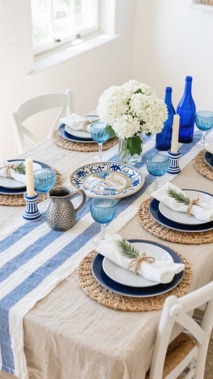 Medium shot from a corner angle: Blue-and-white coastal breeze table over a natural flax tablecloth with a blue-and-white striped runner. Navy chargers, white porcelain dinnerware, and indigo linen napkins tied with jute string and a sprig of rosemary at each setting. A hand-painted ceramic Seder plate with Mediterranean motifs at the center. White hydrangeas in assorted blue glass bottles scattered for relaxed volume. Rattan placemats, pewter Kiddush cup, hobnail water pitchers, striped tapers in ceramic holders, and blue-rimmed wine glasses. Palette of navy, white, flax, and sea-glass blue. White bentwood or slipcovered Parsons chairs. Breezy daylight like open windows, crisp and coastal, photorealistic.