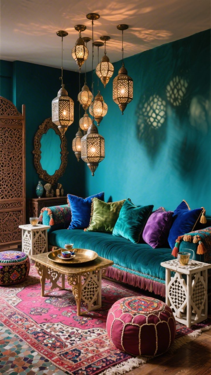 Medium shot from a corner angle: Moroccan-inspired jewel box boho seating area featuring a deep teal accent wall behind a low Moroccan-style sofa piled with jewel-toned pillows in sapphire, emerald, and amethyst; a vintage Persian rug with pinks and reds underfoot; inlaid bone side tables flanking the sofa; a hammered brass tray used as a tabletop with tea glasses; a cluster of pierced metal lanterns hanging at staggered heights, projecting patterned shadows; velvet cushions, silk tassels, embroidered poufs, mosaic mirrors, and carved wood screens partially visible; warm ambient lighting, photorealistic.