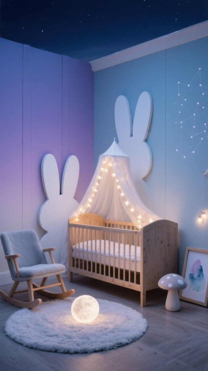Medium shot from a corner angle of a dreamy nursery at twilight: ombré soft pastel panels blending lavender to powder blue across the wall. Two large matte-white bunny silhouettes with plush cotton tails are layered on top, ears slightly tipped. Centered natural wood crib with a gauzy canopy glowing from dimmable star string lights. Dove-gray rocking chair beside a mushroom-shaped petite side table. A round pale-moon wool rug on the floor and framed watercolor constellations on the wall. Low, moody evening lighting with gentle highlights from the nightlight, serene and cozy, photorealistic.