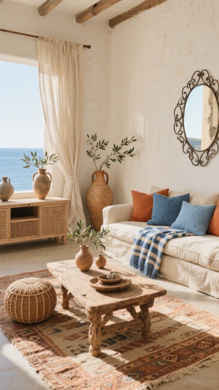 Medium shot from a corner angle of a sun-washed Mediterranean coastal living area: neutral linen sectional layered with terracotta and sky-blue pillows; carved wood coffee table and a low, woven pouf; flatweave kilim rug in muted clay and sand; soft cream limewashed walls with subtle texture; antique amphora vases and rustic pottery on a console with olive branches in a jug; linen curtains and a cane-front media console; a striped blue throw draped over the arm; a wrought-iron mirror bouncing warm afternoon light; warm, relaxed, sun-kissed mood.