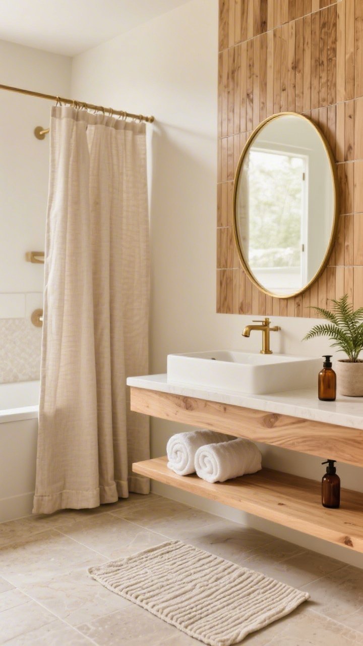 Medium shot from a corner angle of a warm spa-inspired bathroom vignette: vanity wall wrapped in wood-look slat peel-and-stick panels for texture, rounded brass mirror centered above a simple vanity with a brushed brass faucet. Soft beige stone-look vinyl flooring, floating wood shelf holding rolled white towels and amber bottles, linen-look neutral shower curtain with a weighted hem in the background. Ribbed cotton bath rug underfoot, small potted fern on the vanity, subtle warm diffusion suggesting a cedar or sandalwood aroma. Palette of cream, sand, warm oak, brushed brass. Cozy, serene, high-end spa feel.