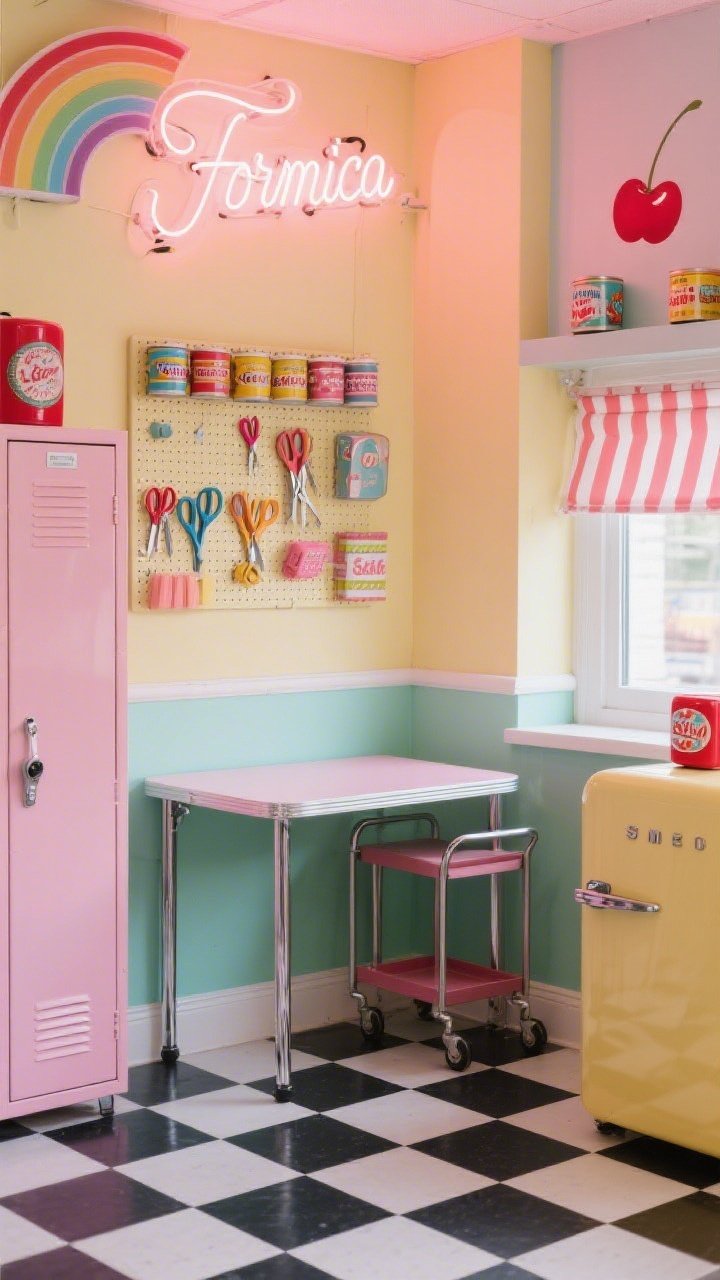 Medium shot from a corner angle: Retro Candy Workshop featuring pastel pink, mint, and butter yellow palette with cherry red accents; a Smeg-style mini fridge beside cotton-candy-colored metal lockers; checkerboard linoleum floor in black and white; a chrome-legged Formica table with a vintage rolling cart; above, a glowing neon script sign and a rainbow pegboard lined with neatly arranged scissors and rotary cutters; retro tins and striped cafe curtains, playful nostalgic mood, photorealistic.