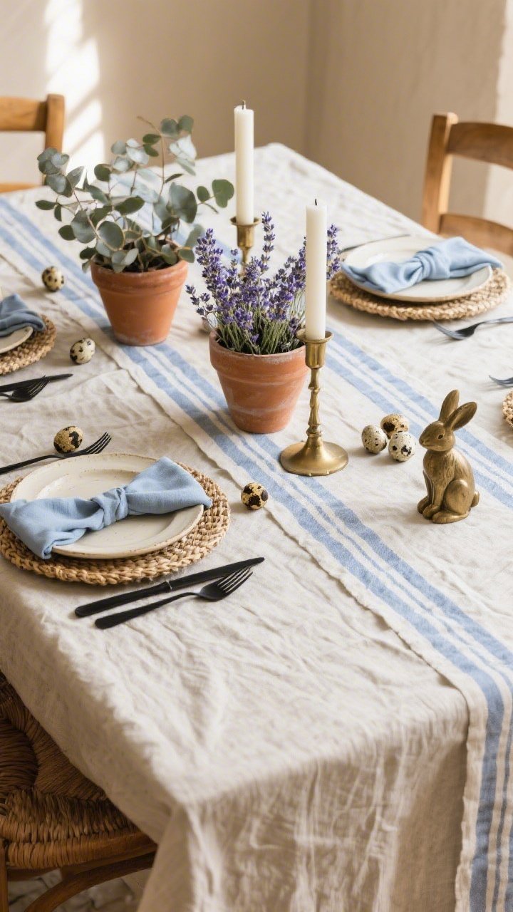 Medium shot from a corner angle, warm afternoon light: A natural flax linen tablecloth with a subtly rumpled texture, intersected by two narrow striped runners laid perpendicular to create tailored placemat lanes. Terracotta pots of fresh lavender mixed with silvery eucalyptus form the centerpiece. Cream stoneware plates with faint hand-thrown rims, matte black flatware, and soft blue napkins tucked into woven seagrass rings at each setting. Striped pale blue-and-white seat cushions on chairs, speckled quail eggs scattered on the table, antique brass bunny figurines, and tall bone-white tapers in classic brass holders for a quiet French country elegance.