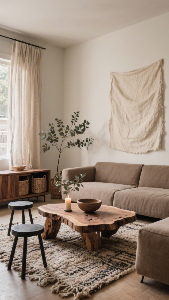 Medium shot from a low angle: Earthy minimalist boho living room in a palette of bone, clay, and charcoal; low-profile taupe sectional on a chunky handwoven wool rug; live-edge wood coffee table centered with a single ceramic bowl, a candle, and a sprig of eucalyptus; two blackened metal stools nearby; one oversized cream textile art piece on the wall; linen drapes pooling slightly on the floor; low smoked oak credenza with discreet baskets; soft indirect natural light for texture emphasis, photorealistic.