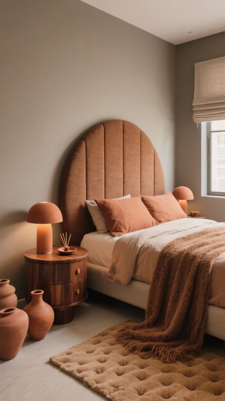 Medium shot from a low corner angle: A warm greige-walled bedroom in cocoa, clay, and sand tones. A walnut bed with a rounded, paneled sculptural headboard; bed dressed in a clay-toned linen duvet and sand-colored sheets. Drum-shaped wood veneer nightstands with dome-shaped terracotta ceramic lamps on dimmers casting soft glow. Matching walnut drum tables and a low curved dresser with no visible hardware. Decor cluster of clay vessels, a wool-mohair throw in cocoa draped at the foot, and a thick hand-tufted rug in warm sand. Linen Roman shade at the window, small incense tray on nightstand. Cozy, hug-like minimalism, photorealistic.