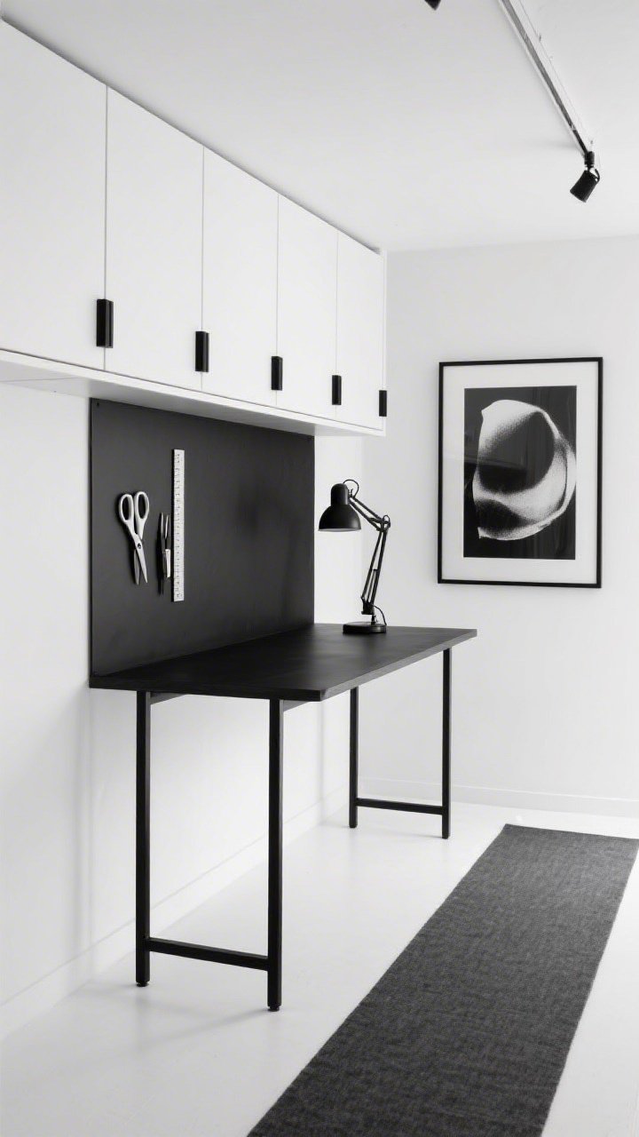 Medium shot from a slight corner angle: A monochrome studio in high-contrast black and white featuring a built-in wall of flat-front white cabinets with matte black hardware; a slim black metal workbench floating in the center; behind the desk, a magnetic backsplash holding scissors and rulers; a black task lamp and a subtle charcoal runner anchoring the walkway; crisp gallery vibe, razor-clean lines, bright white walls with matte black accents, evenly diffused daylight for a serene, photorealistic look; one oversized black-and-white abstract framed above the desk.