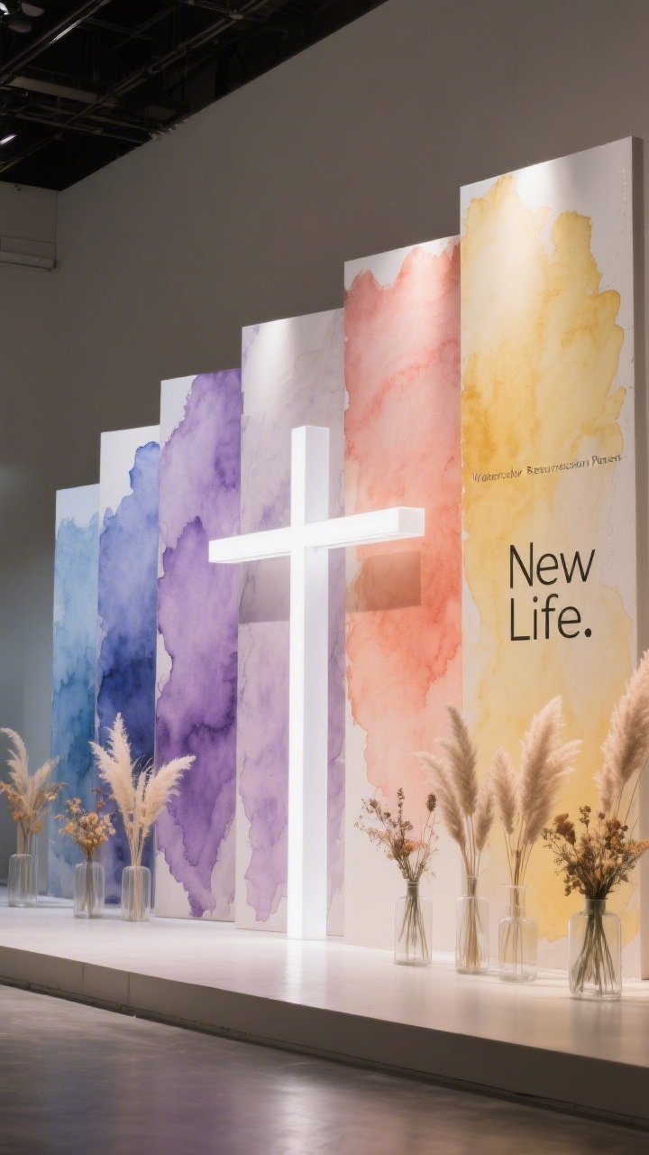 Medium shot from a slight side angle of “Watercolor Resurrection Panels”: tall painted canvas panels arranged in a staggered skyline across the stage, fluid watercolor washes blending indigo, lavender, coral, and dawn yellow. A white acrylic cross is nested in front, softly glowing against the color fields. Gentle sidelights rake across the panels to reveal paint texture without glare. Along the front, a slim line of pampas grass and dried florals in frosted glass vases adds vertical interest. On a side panel, minimal script reads “New Life.” Creative, contemplative, gallery-like, photorealistic.