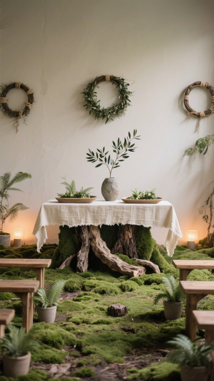 Medium shot from aisle height of a forest-floor inspired altar in moss, olive, bark, and cream; raw-edge cream linen on the altar; low moss arrangements without blooms in shallow trays; driftwood pieces artfully placed; a single olive branch standing in a stone vase; walls adorned with minimal ring wreaths wrapped in olive sprigs and twine; warm uplights at the base of greenery casting gentle shadows; small matte neutral potted ferns marking pew ends; living, humble, grounded atmosphere.