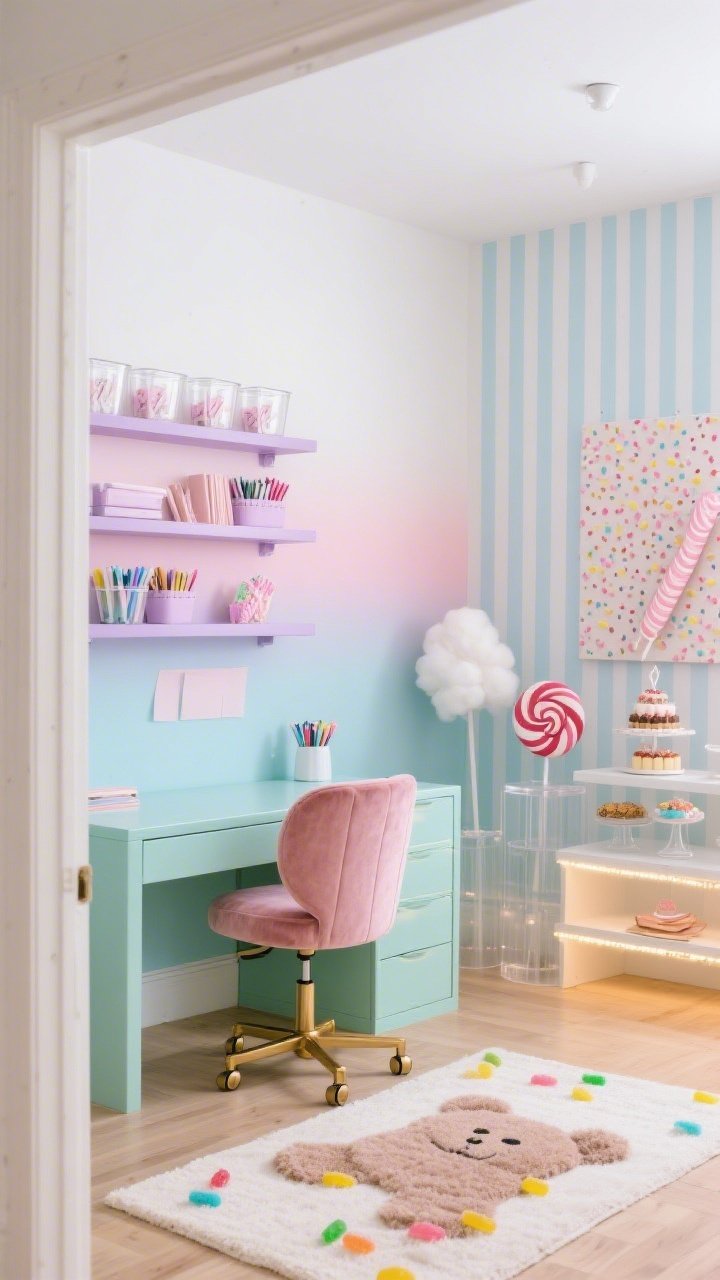 Medium shot from the doorway into a Cotton Candy Studio Office: whipped-cream white backdrop with one cotton-candy ombré feature wall blending blush into powder blue, sleek mint lacquered desk centered with a rose velvet task chair on brass casters, pale lilac shelving behind displaying clear bins of pastel paper clips, washi tapes, and markers like a candy wall, side photo zone with striped paneling, oversized candy props on acrylic pedestals, and a petite dessert table for styled shoots, soft LED strip glow tucked under shelves, sprinkle-dotted upholstered pinboard, pale maple floor with a gummy-bear scatter rug, calm creative studio lighting, photorealistic