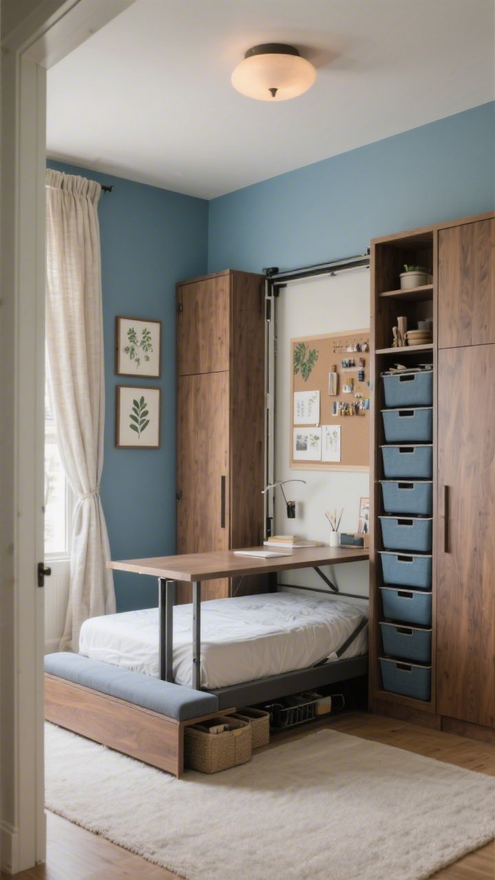 Medium shot from the doorway, photorealistic: A foldaway flex room where a sleek murphy bed is folded up to reveal a full-width drop-down worktop with hidden legs engaged. Side towers with pocket doors slide open to expose a compact craft closet of narrow pull-outs, each bin perfectly sized to cabinet depth. A slim under-bed storage bench is rolled out as extra seating and stash. The decor remains guest-ready: linen drapery, a soft indigo accent wall, and framed botanical prints that double as inspiration boards. Warm, inviting lighting emphasizing efficient transformation; color palette: linen, indigo, warm walnut.