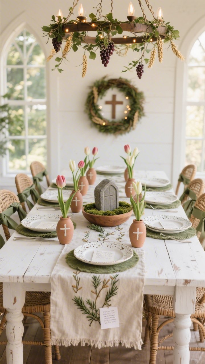Medium shot, Garden-Chapel Dining Room With Communion Touches: whitewashed farmhouse table with rattan/cane-back chairs; natural linen DIY table runner hand-embroidered with grapevine and wheat motifs; place settings layered with sage chargers, white dinner plates, and speckled ceramic salad plates; napkins with tiny Scripture cards tucked into rings; centerpiece is a row of small clay bud vases hand-painted with crosses and vines, each holding a single tulip or lily; chair backs tied with thin olive-green satin ribbons and rosemary sprigs; overhead a wreath chandelier wrapped with ivy and warm battery fairy lights; a small wooden bowl in the center holds a mossy resurrection garden with a clay tomb and stone rolled aside; soft, chapel-like, celebratory yet sacred, late-afternoon natural light; no people, photorealistic.
