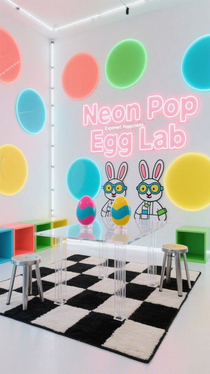 Medium shot, graphic backdrop: “Neon Pop Egg Lab” with a crisp white wall splashed in neon vinyl circles (neon coral, lime, electric blue, sunshine yellow). A black-and-white checker rug grounds the scene. A clear acrylic table forms a creation station with acrylic stands holding oversized eggs painted in bold color-blocked patterns. Behind it, layered acrylic cartoon bunnies wear lab goggles. Laser-cut letters with glow edges spell “Experiment: Hoppiness.” Include metal stools and modular storage cubes. LED strip lighting frames the backdrop, adding a bright, modern edge. High-contrast, clean photorealism.