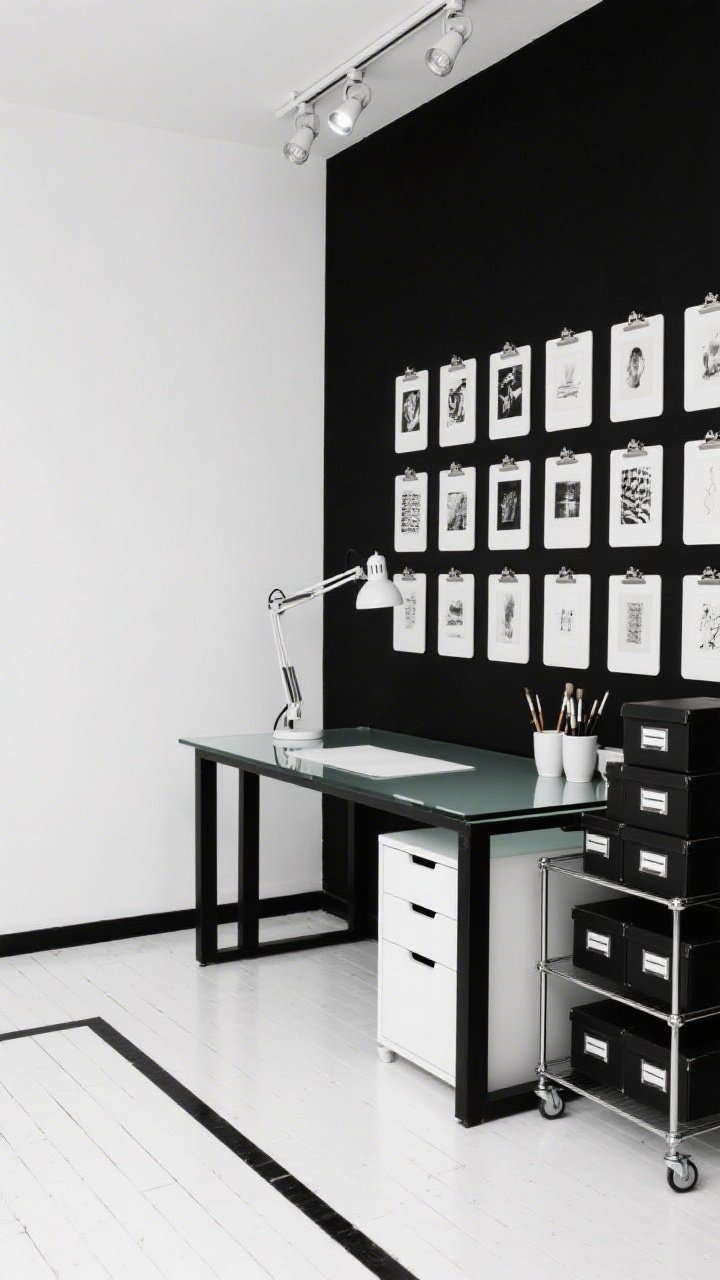 Medium shot, Graphic Monochrome Art Lab: high-contrast black-and-white studio with two white walls and two deep inky black walls; glass-top drafting table with a slim black frame; low cabinet with flat files for prints; ceramic cups holding brushes, stackable black boxes with bold white labels; a grid of white clipboards displaying crisp black-and-white artwork; chrome rolling cart beside the desk; adjustable track lighting with gallery bulbs and a daylight task lamp aimed at the work surface; whitewashed plank vinyl floor with a black border detail; museum-chic, straight-on, uncluttered.