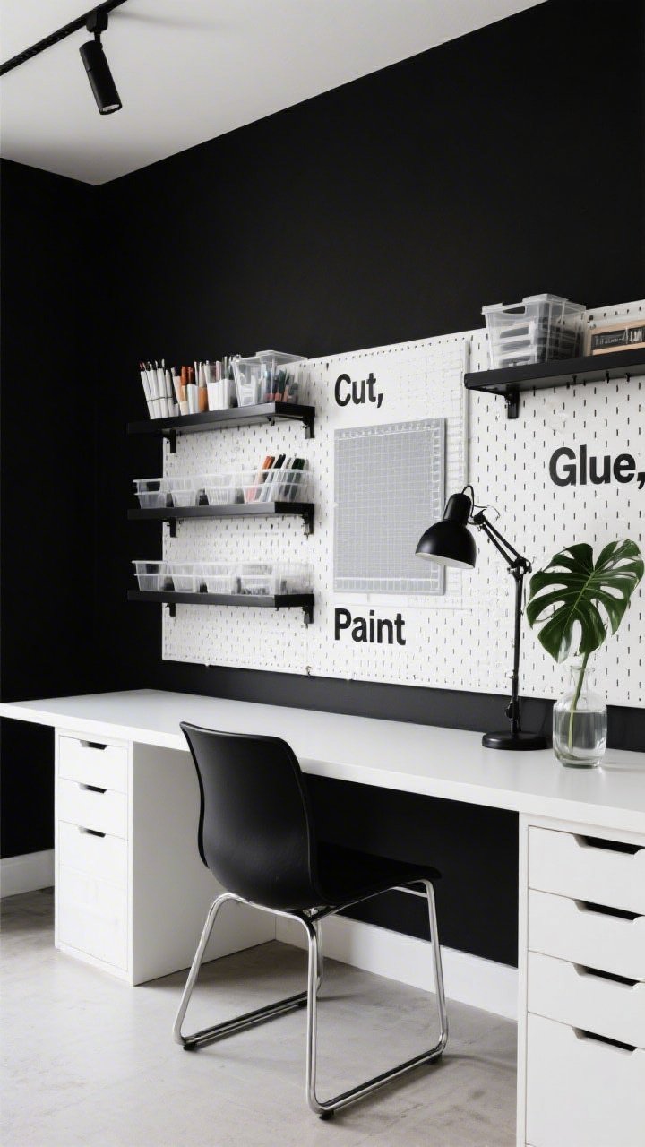 Medium shot, High-Contrast Craft Lab: ink black wall with a matte white pegboard rising from desk height to the ceiling; black metal shelves and clear acrylic bins showing neatly sorted supplies; a peg rail displaying cutting mats; precise vinyl decals labeling sections “Cut,” “Glue,” “Paint”; a white waterfall desk with integrated drawers, a black armless chair with chrome legs, a matte black pivoting sconce, and a small glass vase with monstera leaves; bold, graphic, ultra-organized mood; photorealistic, crisp directional lighting, straight-on composition.