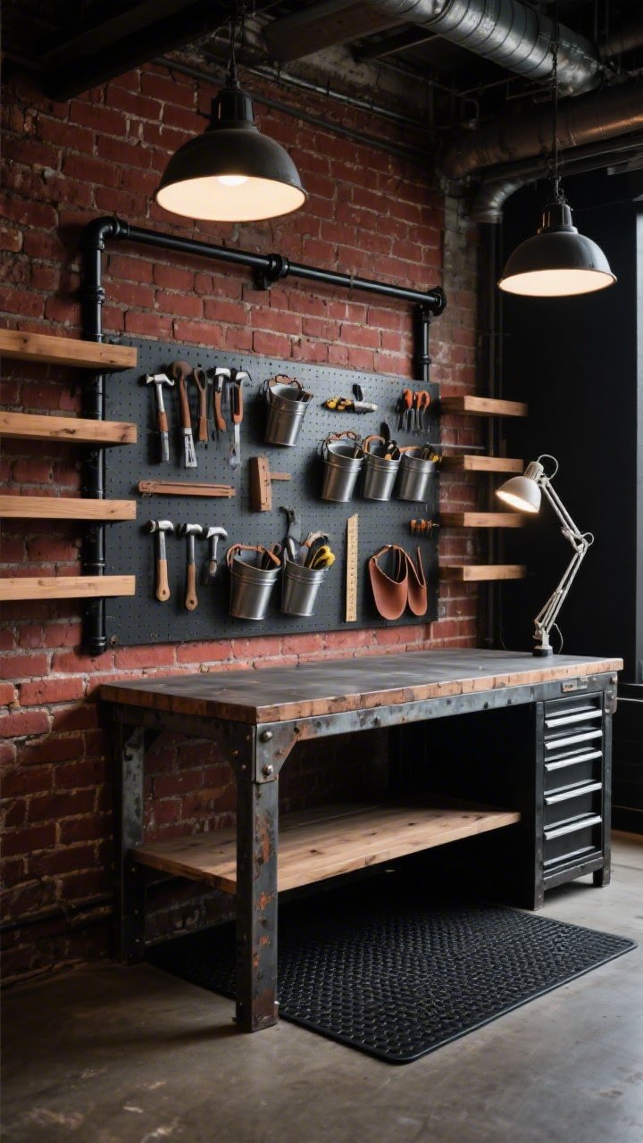 Medium shot, Industrial Maker’s Loft: rugged workspace with exposed brick (or realistic faux-brick panels), a steel-framed worktable with scuffs and patina, and utility shelving made of solid wood planks on black pipe brackets; a pegboard tool wall featuring metal bins and leather loops organizing hammers, cutters, rulers; overhead shop-style pendant lights and a movable architect’s lamp casting directional task light; a black anti-fatigue mat on the floor; palette of brick red, black, galvanized steel, and oak; photorealistic, moody industrial lighting, three-quarter angle.