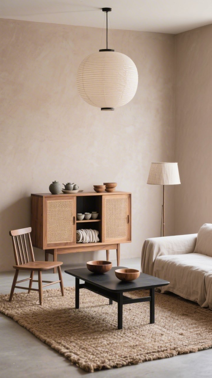 Medium shot, Japandi serenity: pale clay walls, low-slung seating, and a solid oak parlor cabinet fronted with natural cane panels; atop and inside: stoneware tea sets, rolled linen runners, and a few soft-edged wooden bowls arranged with restraint; armless sofa with neutral linen slipcover, blackened steel low table, spindle-back accent chair; paper lantern pendant overhead and a minimalist floor lamp with a linen shade; a chunky handwoven jute or wool rug grounding the scene; palette of soft taupe, matte black, natural oak, ecru; calm morning light, photorealistic, straight-on.