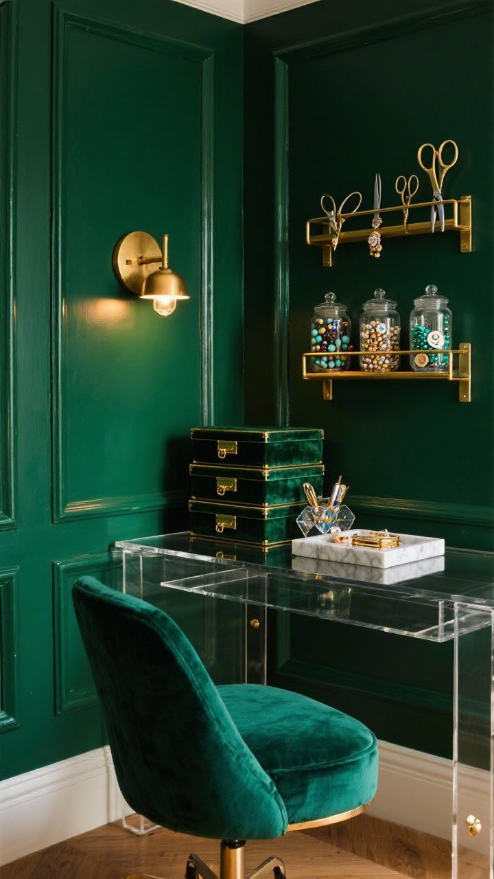 Medium shot, Jewel Box Glam Corner: deep emerald painted walls with brushed brass hardware and a petite lucite desk keeping the space airy, a plush velvet task chair in jewel tone, gold gallery rail displaying scissors and tools like jewelry, faceted glass jars filled with beads and buttons sparkling under a warm mini brass sconce, stacked velvet storage boxes and a marble tray with essentials; mood is luxe and dramatic, corner angle, warm lighting.