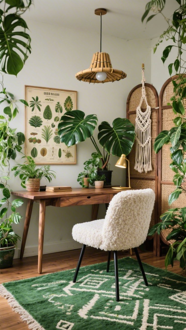 Medium shot, Jungle Boho Retreat: walnut desk with hairpin legs and a cushy bouclé chair; abundant plants—monstera, pothos, rubber tree, and a trailing philodendron in a macramé hanger; green-and-ivory rug with subtle tribal motif; woven room divider defining the workspace; vintage botanical chart on the wall; bamboo pendant overhead and a discreet grow-light floor lamp tucked among plants; palette forest green, walnut, ivory, matte black, brass; lush, energizing vibe; no people, photorealistic.