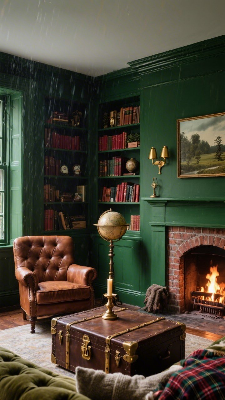 Medium shot, Library Hearth corner: deep green walls with built-in bookcases filled with hardbacks and tiny curios, a brick fireplace glowing warmly. Foreground features a tobacco-brown leather club chair beside a tufted velvet sofa layered with tartan throws and wool pillows. A leather-topped trunk as coffee table holds a brass candle sconce and a vintage globe stands in the corner. Brass picture lights highlight framed landscapes. Moody, rain-day lighting with fireplace flicker, palette of deep green, oxblood, tobacco, brass.