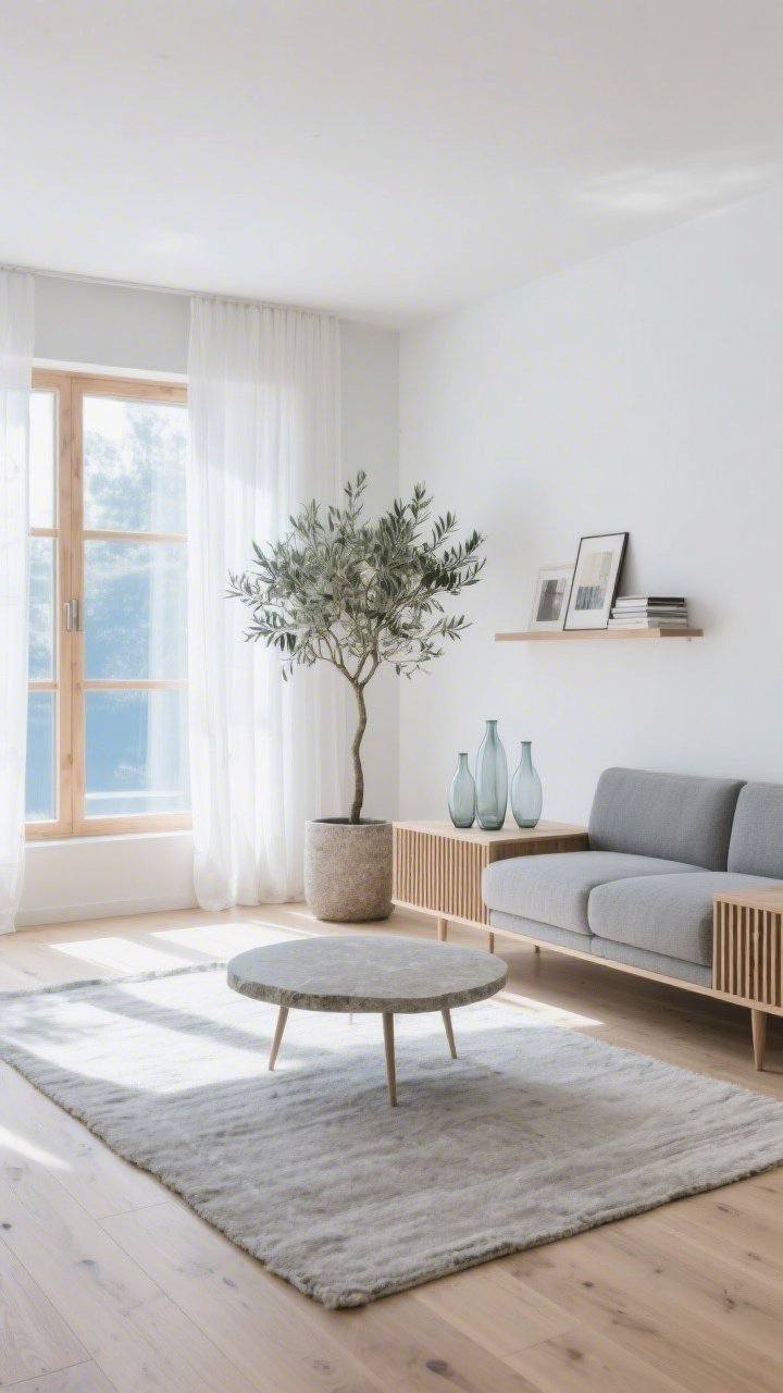 Medium shot, Light-Flooded Nordic Zen: bleached oak floors and skinny light-wood window frames with gauzy white sheers diffusing abundant sunlight; a slim modular cool-gray sofa with tapered legs faces a slatted oak media console that appears to float; round stone coffee table centered, tall ficus/olive tree in a textured planter nearby; cluster of minimalist glass vases on console, a shallow wall shelf with a few art books, pale flatweave rug underfoot; color palette cool gray, pale oak, soft white, whisper blue accents; materials oak, stone, cotton, glass; corner angle with bright daylight, airy mood, photorealistic.