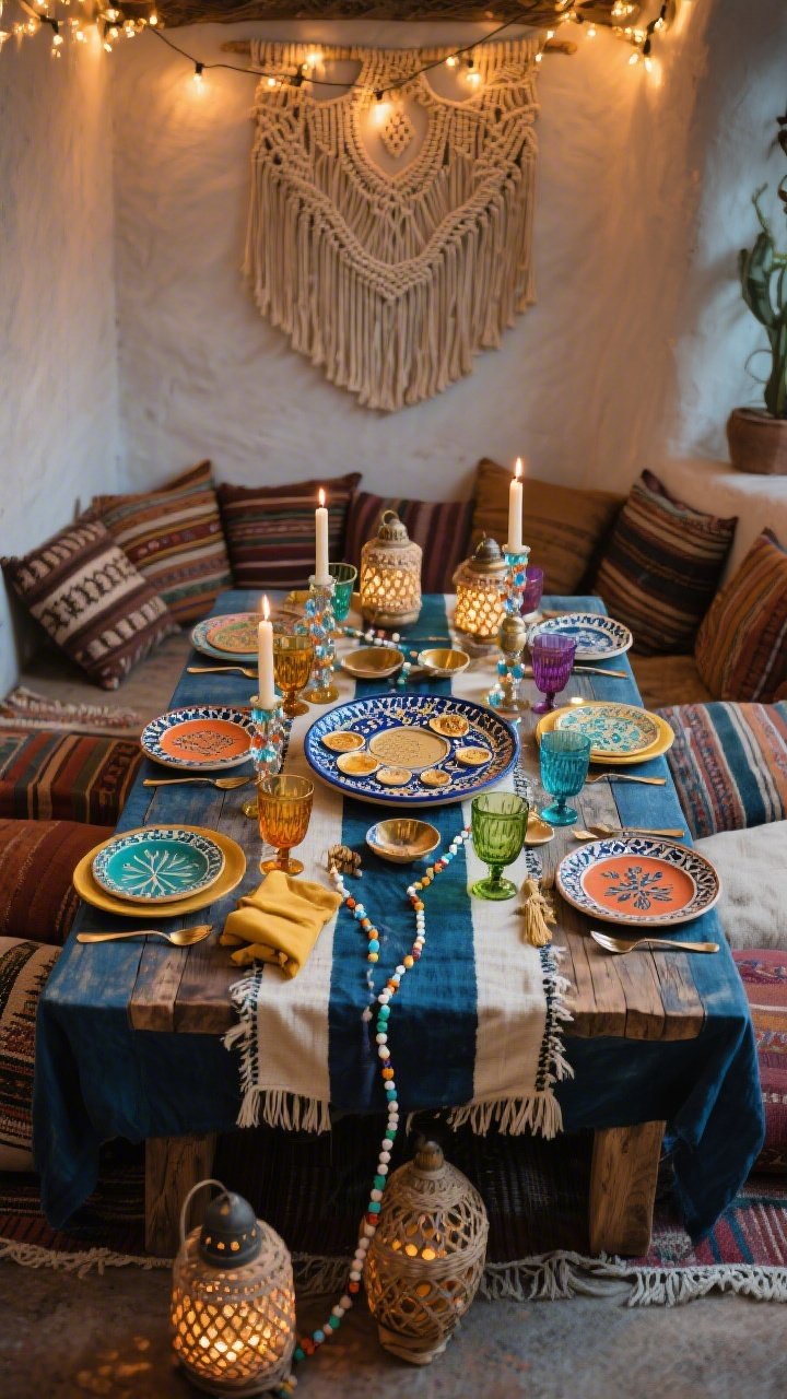 Medium shot, low angle to show layers: An artful boho Seder setting with a low reclaimed-wood table draped in an indigo-dyed cloth and a hand-loomed runner. Floor seating with mudcloth and striped textile cushions forms a cozy perimeter. Patterned ceramic plates mix with brass flatware and colorful glass goblets. Centered is a hand-painted Moroccan-style Seder platter tying together indigo, saffron, teal, terra-cotta, and cream. Tasseled napkins, woven lanterns, and strands of glass beads wrapped around candleholders add texture. Overhead fairy lights cast a warm twinkle; a macramé wall piece hangs behind the host’s spot. Photorealistic evening ambiance.