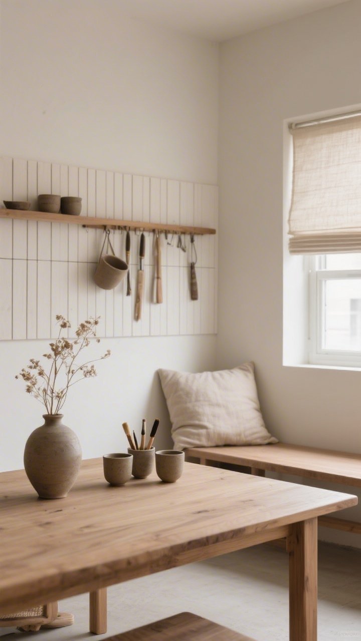 Medium shot, low perspective from table height: Japandi calm maker space with clay-white walls, a low-profile ash wood table in the foreground, and slatted wall panels behind serving as subtle texture and tool-hanging rail; stoneware cups neatly holding brushes, a neutral cotton floor cushion placed beside a simple backless bench; a linen Roman shade softening the window light; earthy, unfussy mood with clay white, ash wood, taupe, and natural linen tones; one ceramic vase with dried stems as the finishing touch; soft, diffused daylight, photorealistic.