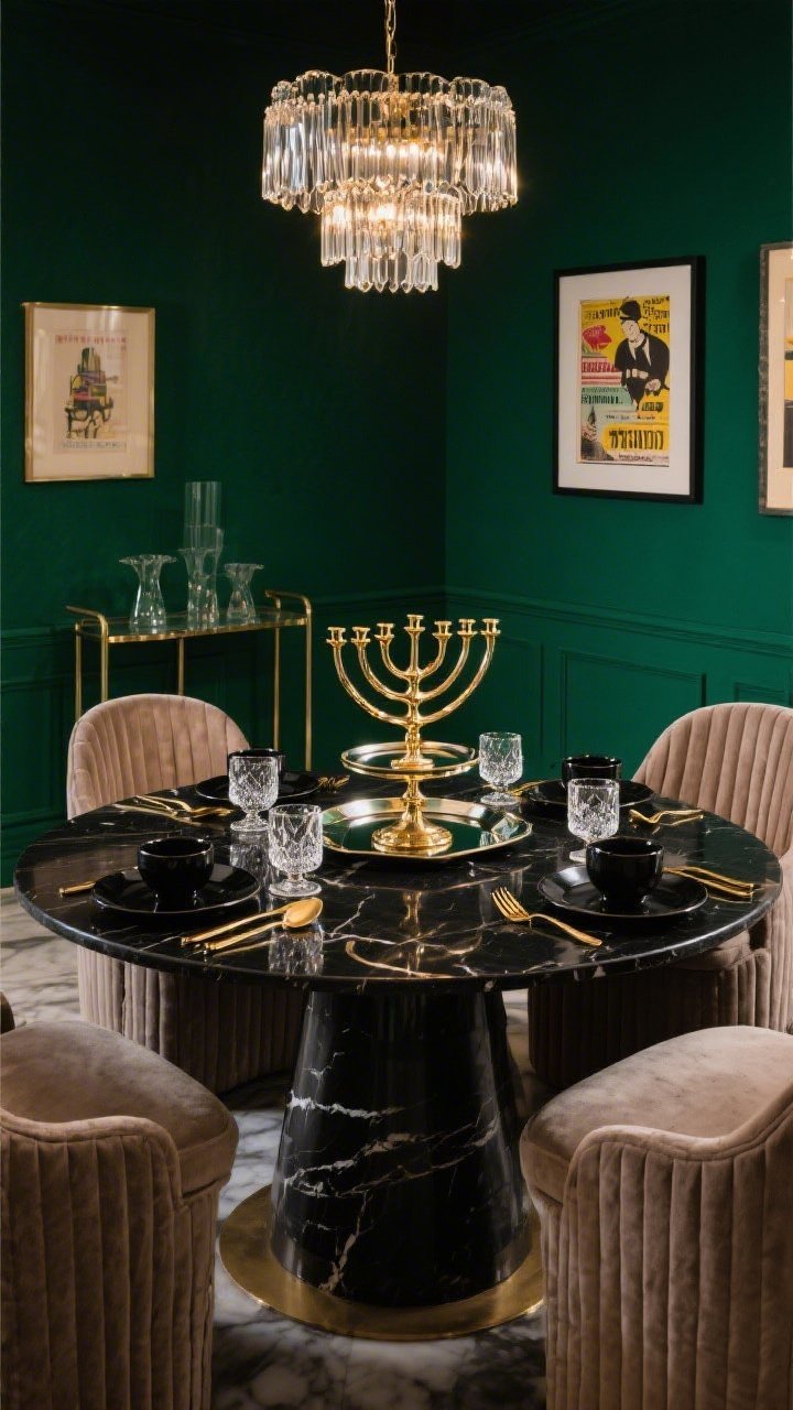 Medium shot, luxe Art Deco dining scene under moody lighting: deep emerald wall, round black marble pedestal table centered with a polished brass menorah featuring arched tiers on a mirrored tray that multiplies reflections. Surround with taupe velvet dining chairs, fluted glass chandelier overhead casting soft, dramatic light. Table set with black stoneware, faceted glassware, and gold flatware; accents include framed vintage posters on the wall and a slim smoked-glass bar cart. Palette of emerald, black, taupe, brass; textures velvet, marble, mirror, lacquer. Photorealistic, slight corner angle to catch gleam and symmetry, no clutter.