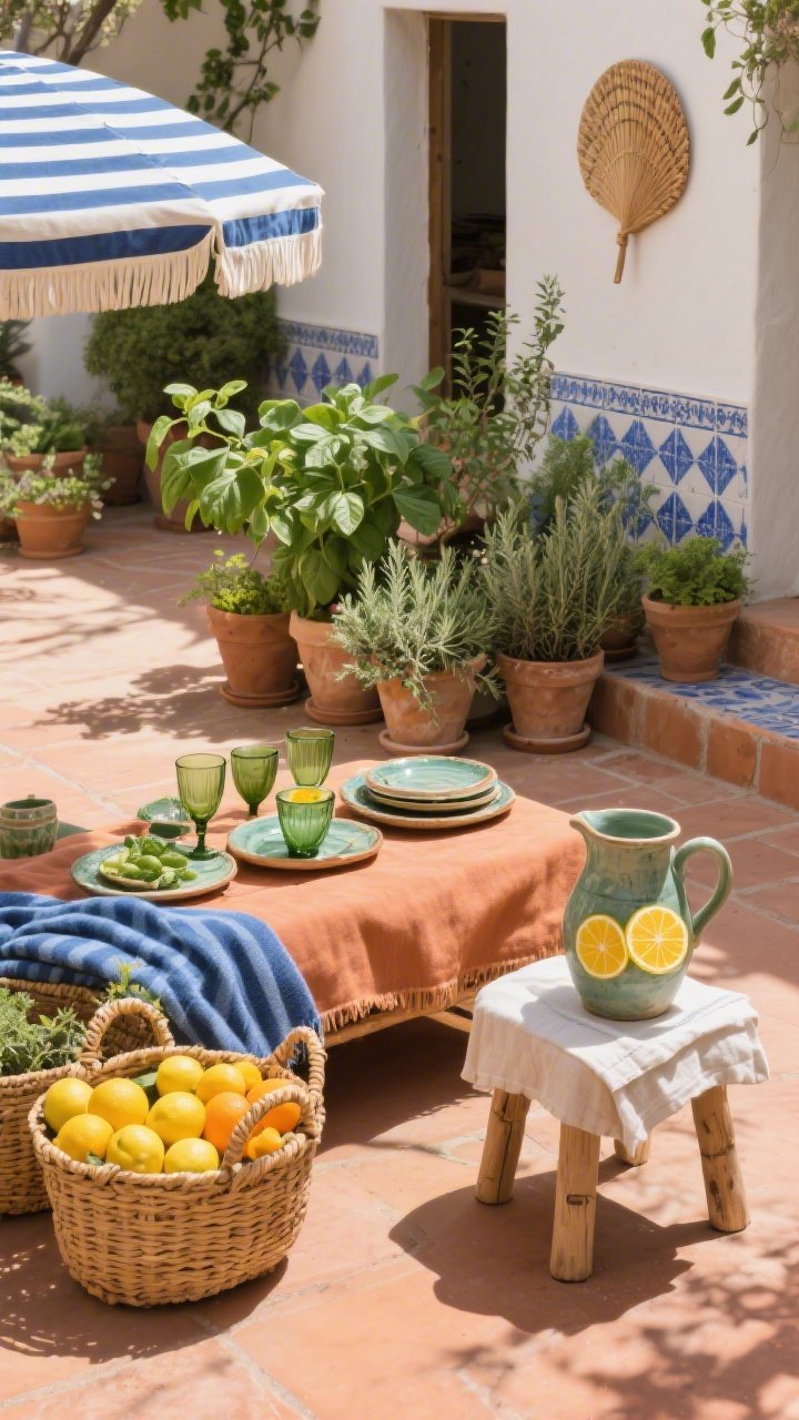 Medium shot – Mediterranean Citrus Courtyard Vibes: A sunlit patio scene featuring a terra-cotta-toned blanket layered with a striped blue throw. Rattan baskets brim with lemons and oranges, evoking a market haul. Clustered potted herbs—basil, rosemary, thyme—surround a low stool draped with a napkin, alongside olive-green glassware, rustic ceramic plates, and a ceramic pitcher filled with water and citrus slices. Strong afternoon light creates bold, graphic shadows across sun-bleached terracotta, cobalt, olive, and citrus yellow hues. Materials: rattan, terracotta, ceramic, linen. Optional accents in view: blue-and-white tiles, a striped umbrella, woven fans. Perspective: slightly off-center courtyard angle.