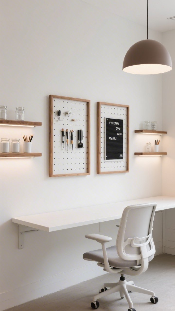 Medium shot, Modern Minimal Grid Gallery: warm white wall with two large oak-framed pegboards hung side-by-side like art, all tools aligned on a precise visual grid; slim oak shelves holding clear jars, white metal cups filled with pencils, and a peg-mounted letter board with project names; a white wall-mounted floating desk beneath with an ergonomic white task chair; a matte taupe domed pendant overhead; hidden strip lighting under each shelf creating subtle spotlights; strict palette of blacks, whites, naturals; zen, restrained mood; photorealistic, straight-on gallery view.