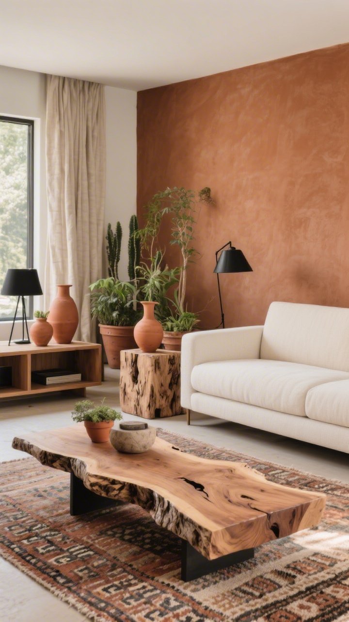 Medium shot, Modern Organic With Earthy Neutrals: a clay-colored accent wall behind a deep ivory sofa with crisp lines; beside it, chunky oak cube side tables that look carved from a tree trunk. Foreground shows a live-edge wood coffee table over a hand-knotted Moroccan-style rug. Matte-black task lamps and a streamlined pale-wood media console provide contrast. Include a cluster of terracotta planters with lush greenery of varying heights. Add stoneware vases and linen drapes that puddle slightly. Palette: clay, ivory, mushroom, black accents. Materials: oak, wool, raw-edge wood, matte metal, terracotta, linen. Soft natural daylight, angled perspective.