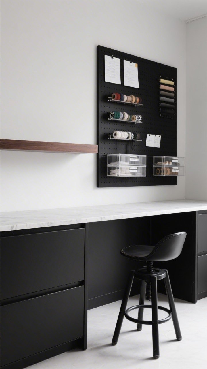 Medium shot, Monochrome Modern Maker Bench: matte black lower cabinets with slim linear pulls and hidden soft-close, white quartz-look countertop, single floating shelf in espresso stain, clear acrylic drawers showcasing neatly wound threads and labeled washi tape, black-framed pinboard grid with aligned notes and swatches, black saddle stool with footrest; crisp architectural minimalism, cool balanced lighting, straight-on view.