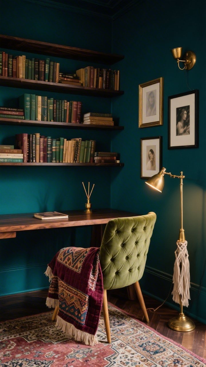 Medium shot, Moody Boho Library Nook: deep inky teal walls with floating dark-stained shelves stacked with books; walnut desk centered against the shelves; tufted velvet chair in moss or merlot with a kantha quilt draped over the back; Persian-style rug with timeworn pattern underfoot; brass accents throughout; fringed floor lamp glowing warmly beside the desk and a brass swing-arm sconce mounted above; incense holder on the desk, framed ethereal portraits on the wall; palette inky teal, walnut, brass, moss, merlot; moody, cocooning atmosphere; no people, photorealistic.