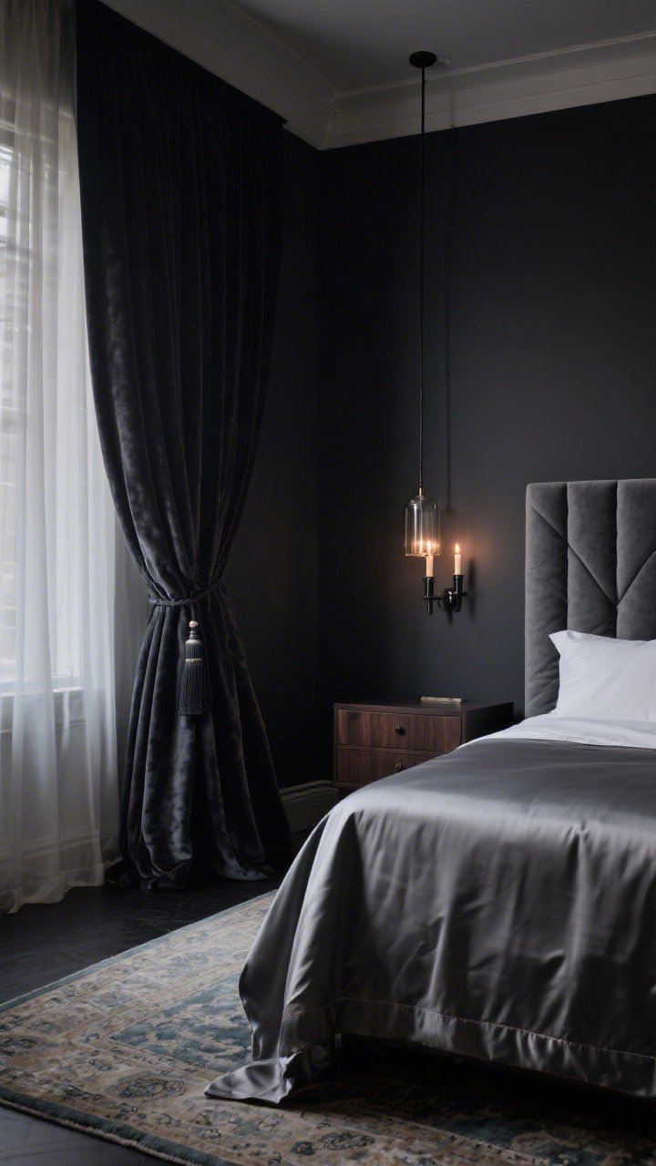 Medium shot, moody evening glow: A sophisticated bedroom corner with charcoal velvet blackout drapes skimming the floor on a matte black rod with dramatic end caps; deep-toned soot walls, a slate channel-tufted headboard, smoked glass sconces emitting candlelike light, a dark walnut dresser, and a soft, faded Persian rug; a narrow sheer tucked behind the velvet for daytime privacy; satin bedding in pewter on the bed edge; cocooning, hotel-chic atmosphere, photorealistic.