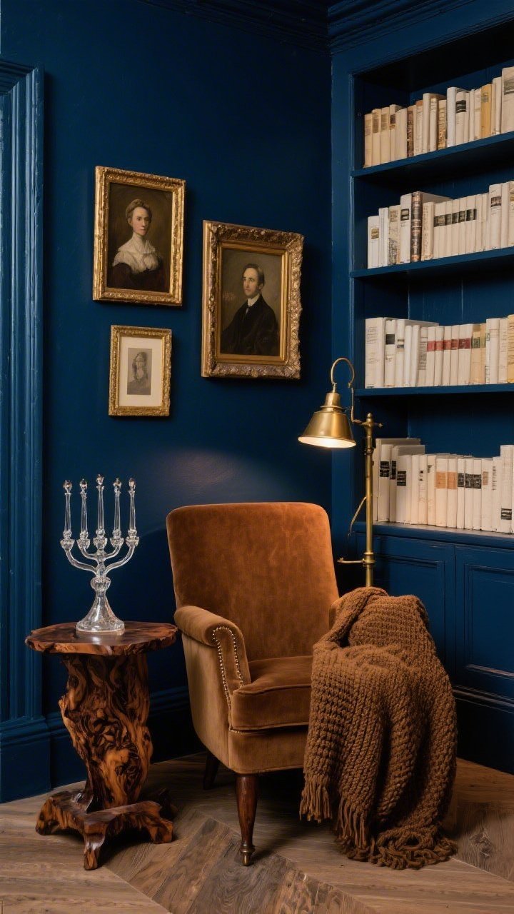 Medium shot, moody library nook: walls painted deep midnight blue with built-in shelves of linen-bound books, a tobacco velvet club chair, vintage burl wood side table hosting a smoky glass menorah like a jewel. Behind it, leaning antique oil portraits in mismatched antique gold frames; a brass pharmacy lamp casting warm directional light. Add a heavy knit throw on the chair; textures of patinated metal and burl wood emphasized, cozy speakeasy-meets-study ambiance.