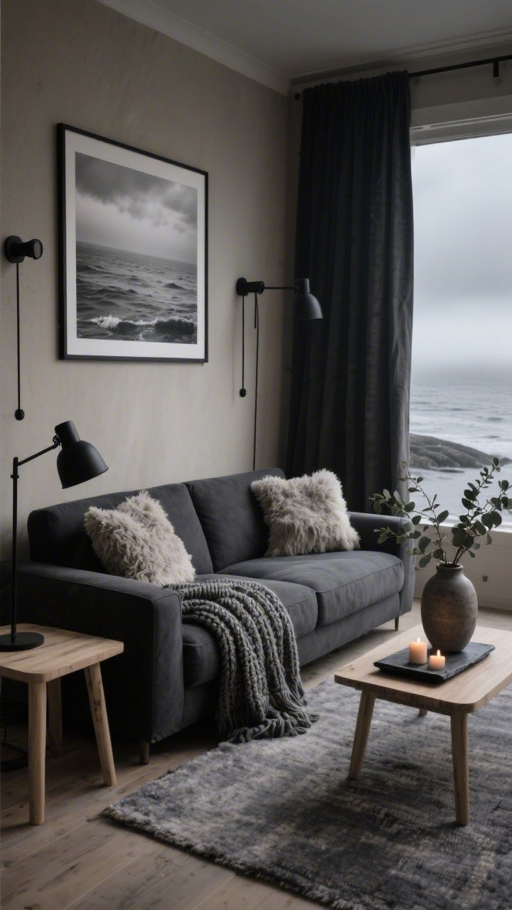 Medium shot, moody lighting of a stormy Nordic shore living nook: charcoal/slate sofa with shearling and bouclé pillows, chunky knit throw draped over the arm; heathered gray rug and bleached oak side tables; walls in soft greige/pale mushroom; black-and-white ocean photography and minimalist seascapes on the wall; black iron curtain rods and matte black reading lamps; stoneware vase with eucalyptus and a slate tray with candles; serene, dramatic ambiance like foggy coastal dusk.