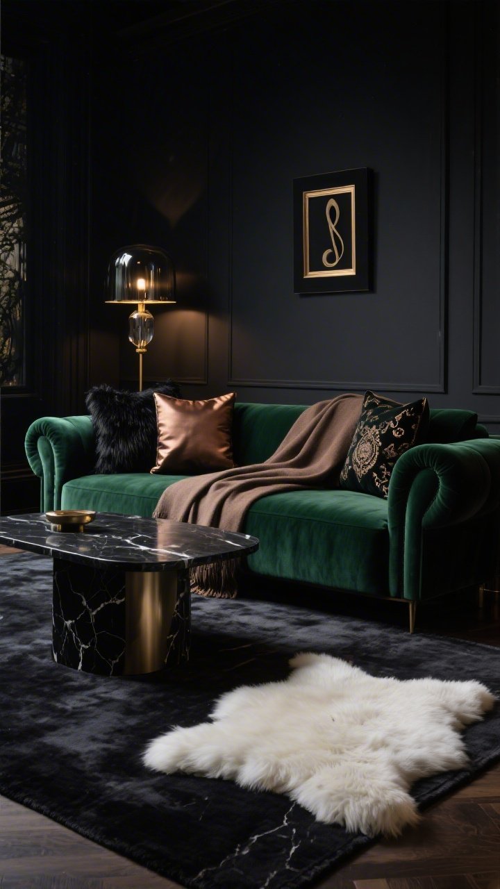Medium shot, Moody Luxe Lounge in evening ambiance: silky low-pile inky charcoal rug with a white sheepskin throw rug angled near a black marble coffee table; deep forest-green velvet sofa with sculptural arms; pillows in black mohair, bronze satin, and embroidered velvet; a tobacco cashmere throw draped neatly across the back; smoked glass lamp and brass picture light providing soft, warm glow; accents in matte black and bronze; textures of velvet, mohair, cashmere, polished stone, metal; moody, sophisticated, jazz-club feel; photorealistic, no people.