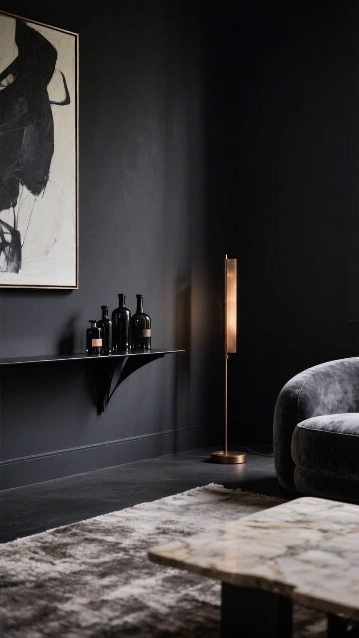 Medium shot, Moody Modern Living Room Corner: Dramatic corner scene with deep charcoal walls and a low, rounded slate-velvet sofa edge entering frame; a large abstract canvas partially visible. A blackened steel corner perfume shelf floats like sculpture, lined with matte black and smoked-glass bottles under a narrow picture light. A nearby bronze floor lamp casts moody, cinematic shadows across the wall and shelf. Include a hint of travertine coffee table and oversized wool rug texture in foreground blur. Palette: charcoal, blackened steel, bronze, smoked glass. Low-key lighting, side-corner perspective.