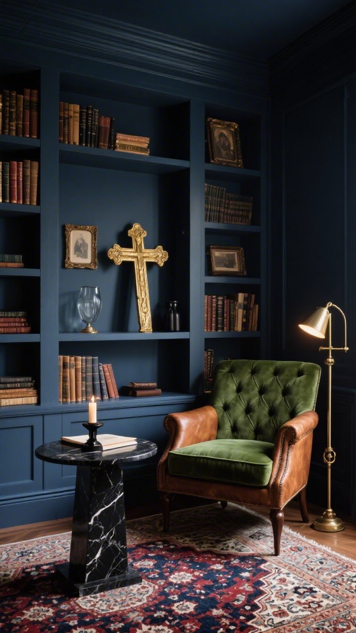 Medium shot, moody reading nook: Library walls in deep inky blue or charcoal with built-in bookcases styled with leather-bound books, smoky glass, and antique frames. On a shelf, a vintage-inspired gilded cross leaned casually beside a petite ebony wood cross; on the reading table, a black marble cross paperweight. Seating: tufted forest green velvet chair or cognac leather club chair. Brass pharmacy floor lamp and a candle create warm pools of light. Persian-style rug in oxblood, navy, and cream anchors the space. Quiet, dramatic glamour, photorealistic.