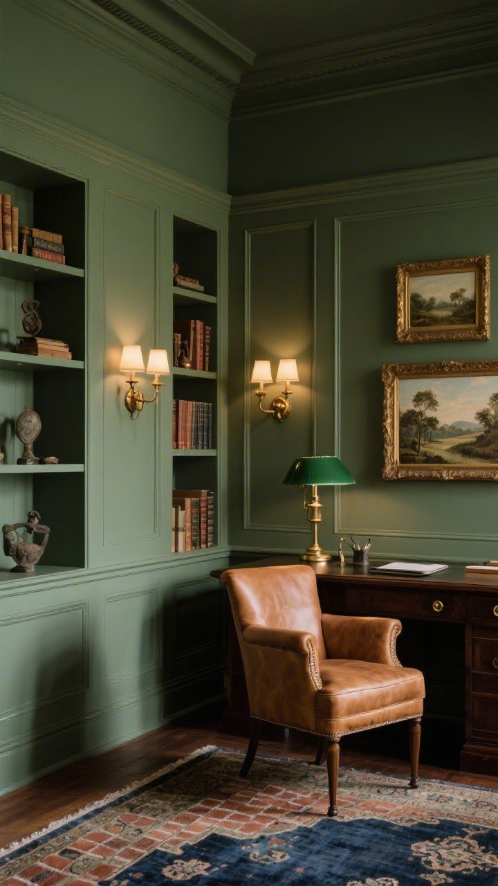 Medium shot, moody sage study: full sage walls, trim, and built-in shelves in satin finish, styled with linen-bound books and patinaed objects; a camel leather club chair near a dark-stained writing desk; classic green banker’s lamp on the desk; library sconces mounted along shelves emitting warm, focused light; Persian-inspired rug in brick, sage, and inky blue partially visible; vintage landscape art in gilt frames; aged brass knobs and picture lights; intimate, cocooning mood; no people; photorealistic.