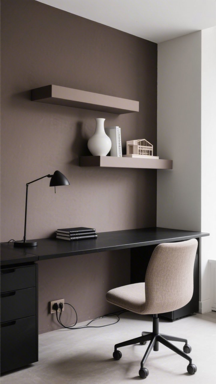 Medium shot, oblique angle: Modern office painted deep taupe/mushroom gray with two chunky, color-matched floating shelves mounted asymmetrically above a streamlined black desk; shelves visually recede so objects pop—matte white vase, sculptural bookend, a small stack of black notebooks, and one geometric/architectural model; hidden cords, uncluttered desktop with a slim black task lamp; color story taupe, black, crisp white; emphasis on geometric shapes and clean lines; armless upholstered swivel chair in a nubby neutral; controlled, even lighting for focused work.