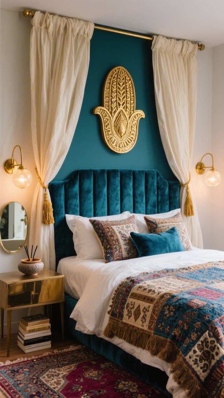 Medium shot of a Boho-Glam bedroom vignette: deep teal velvet headboard with a gilded Hamsa hand art piece centered above; flowing cream linen drapery with gold tassel tiebacks; bed layered with crisp white sheets, patterned kantha quilt, and velvet euro shams; brass sconces with orb shades flanking the headboard; one mirrored nightstand with a ceramic incense dish and a small stack of poetry; vintage Turkish rug peeking in berry and indigo; soft, cozy evening lighting with warm brass glints, photorealistic.