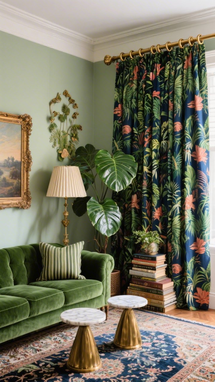 Medium shot of a botanical maximalist corner: floor-length botanical-print drapes in deep greens, inky blues, and coral, tailored yet lush, on an antique brass rod with decorative finials and rings. A forest green velvet sofa with stripe cushions, a Persian-style rug, and brass-and-marble side tables. Walls in muted sage or soft white to let the curtains bloom. Vintage oil paintings, pleated lampshades, and stacked botanical books on display. Big-leaf plants like a fiddle leaf fig or monstera completing the layered look. Warm, inviting ambient light, photorealistic.