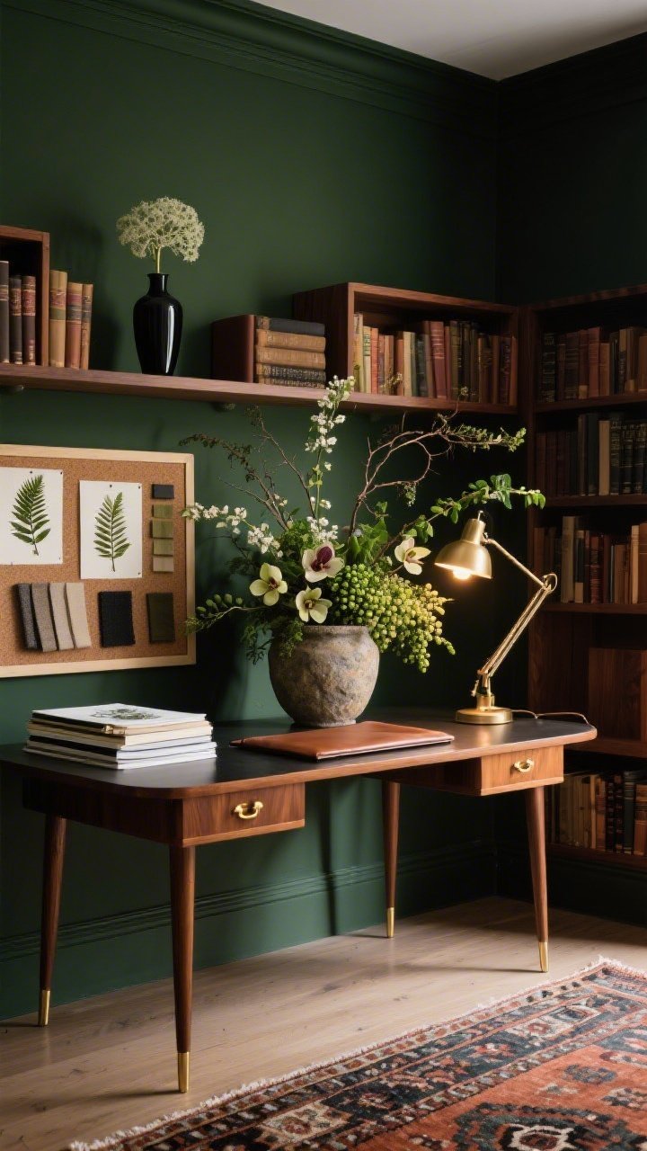Medium shot of a Botanical Study Home Office from a slight side angle: deep olive walls, rich walnut bookcases, a mid-century desk with slender legs and brass pulls; vintage-style brass library/task lamp casting a warm pool of light over stacked sketchbooks and a leather blotter; corkboard with pressed fern specimens and fabric swatches; centerpiece floral is a textural wild arrangement in an antique stone crock with hellebores, trailing jasmine, green viburnum, and a few arching branches, slightly unruly; on a shelf, a slim black vase with a single Queen Anne’s lace; kilim runner on the floor; palette of olive, walnut, cream, inky black; moody academic ambiance with warm task lighting, photorealistic.